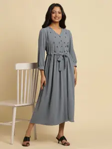 W Long Sleeves V-Neck Georgette A-Line Midi Dress