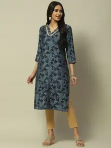Rangriti Geometric Printed V-Neck Sequinned Detailed Straight Kurta