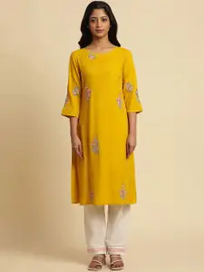 W Yellow Floral Embroidered Straight Kurta
