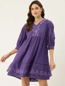 MISRI Floral Embroidered Puff Sleeves A-Line Dress