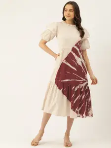 MISRI Dyed Puff Sleeves A-Line Midi Dress