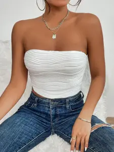 Stylecast X Slyck White Self Design Strapless Cropped Tube Top