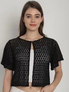 Dressitude Self Design Flared Sleeves Cotton Lace Crop Open Front Shrug