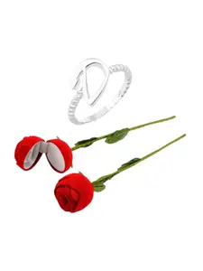 Vighnaharta Rhodium-Plated D Initial Finger Ring With Rose Ring Box