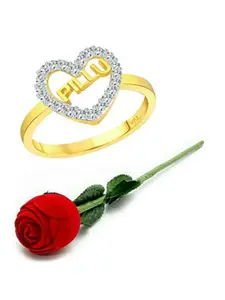 Vighnaharta Gold Plated Cubic Zirconia Studded Heart Shaped Detail Ring With Rose Box