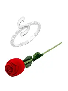 Vighnaharta Rhodium-Plated S Alphabet Finger Ring With Rose Box