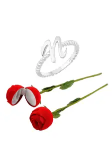 Vighnaharta Rhodium Plated Alphabet N Detail Ring with Rose Ring Box