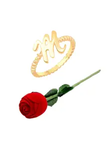 Vighnaharta Gold-Plated M Alphabet Finger Ring with Rose Ring Box