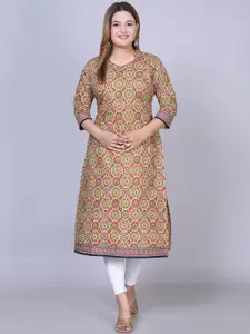 Jevi Prints Plus Size Geometric Printed Mandarin Collar Cotton Straight Kurta