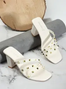 DressBerry White Embellished Open Toe Block Heels