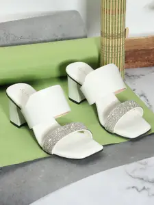 DressBerry White Embellished Open Toe Block Heels