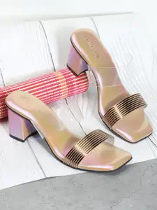 DressBerry Gold-Toned Textured Open Toe Block Heels