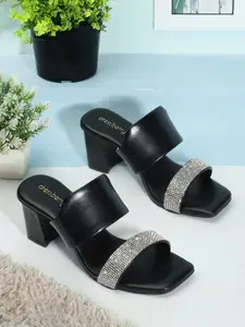 DressBerry Black Embellished Open Toe Block Heels