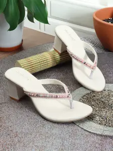 DressBerry White Embellished Open Toe Block Heels