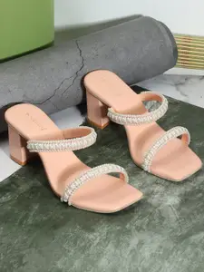 DressBerry Peach-Coloured Embellished Open Toe Block Heels