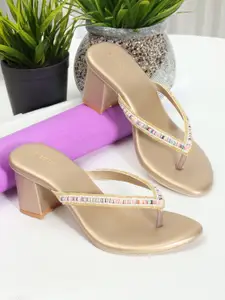 DressBerry Beige Embellished Open Toe Block Heels