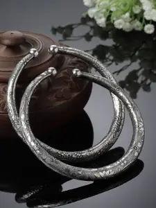 Sanjog Set Of 2 Silver-Plated Engraved Tribal Design Adjustable Oxidized Kada Anklets