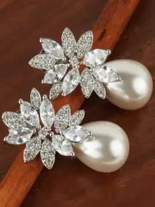AURAA TRENDS Rhodium Plated American Diamond & Zircon Studded Contemporary Drop Earrings