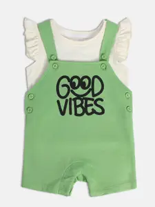 MINI KLUB Infants Girls Typography Printed Pure Cotton Dungaree With Top