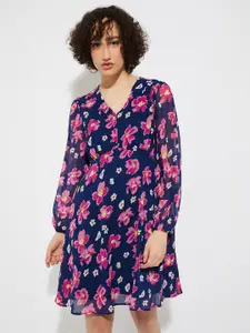max URB_N Floral Printed V-Neck Puff Sleeve A-Line Dress