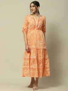 Rangriti Floral Printed Roll-Up Sleeves Gathered Tiered Voile Fit & Flare Midi Dress
