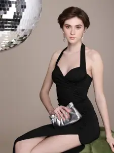 bebe Halter Neck Ruched Detailed Bodycon Maxi Dress