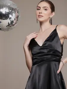 bebe Shoulder Straps Gathers Satin A-Line Mini Dress