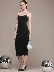 bebe Shoulder Straps Sheath Midi Party Dress With Back Slit