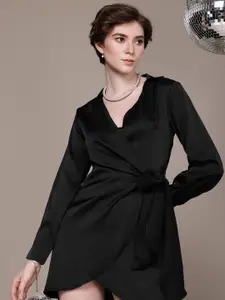 bebe Shirt Collar Cuffed Sleeves Satin Mini Dress