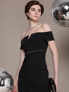 bebe Embellished Detailed Off-Shoulder Bodycon Mini Dress