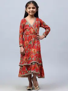 BAESD Girls Floral Print V-Neck Layered Fit & Flare Midi  Ethnic Dress
