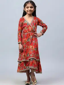 BAESD Girls Floral Print V-Neck Layered Fit & Flare Midi Ethnic Dress