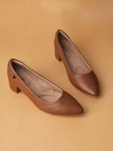 Ozuri Textured Pointed Toe Leather Block Heel Pumps