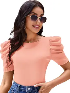 ODETTE Round Neck Puff Sleeve Acrylic Fitted Top
