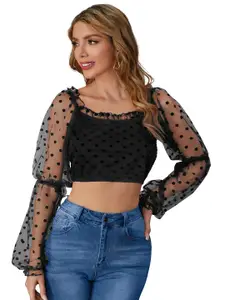 ODETTE Polka Dot Printed Square Neck Puff Sleeves Crop Top