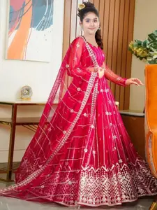 BAESD Girls Embroidered Net Semi-Stitched Lehenga & Unstitched Blouse With Dupatta