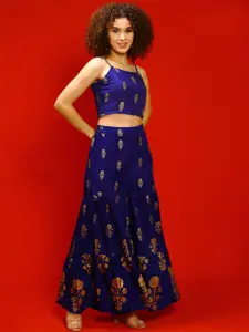 Sera Blue Floral Printed Shoulder Strap Crop Top With Sharara