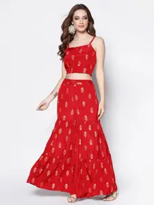 Sera Red Floral Printed Shoulder Strap Crop Top With Sharara