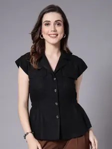 Style Quotient Black Lapel Collar Smart Extended Sleeves Casual Shirt