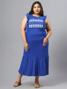 SAAKAA Plus Size Floral Embroidered Sleeveless Ruffles A-Line Midi Dress