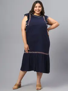 SAAKAA Plus Size Floral Embroidered Sleeveless Ruffles A-Line Midi Dress