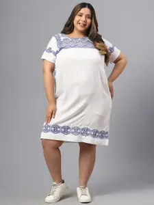 SAAKAA Plus Size Geometric Embroidered Round Neck A-Line Dress