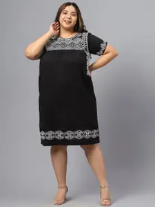 SAAKAA Plus Size Geometric Embroidered Round Neck Gathered Cotton A-Line Dress