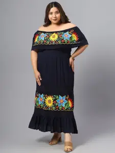 SAAKAA Plus Size Floral Embroidered Flared Sleeves Off-Shoulder Pure Cotton Maxi Dress