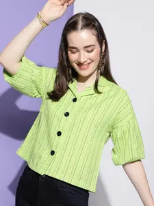 DressBerry Striped Puff Sleeve Cotton Shirt Style Top
