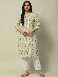 Rangriti Floral Printed Thread Work Mandarin Collar Regular Straight Kurta