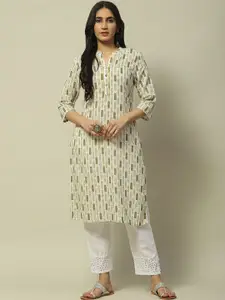 Rangriti Floral Printed Embroidered Band Collar Straight Kurta