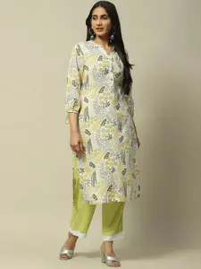 Rangriti Floral Printed Mandarin Collar Straight Kurta