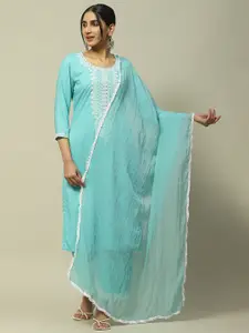 Rangriti Floral Yoke Design Round Neck Thread Work Regular Straight Kurta