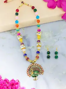 PRIVIU Gold-Plated & Beaded Peacock Necklace & Earrings